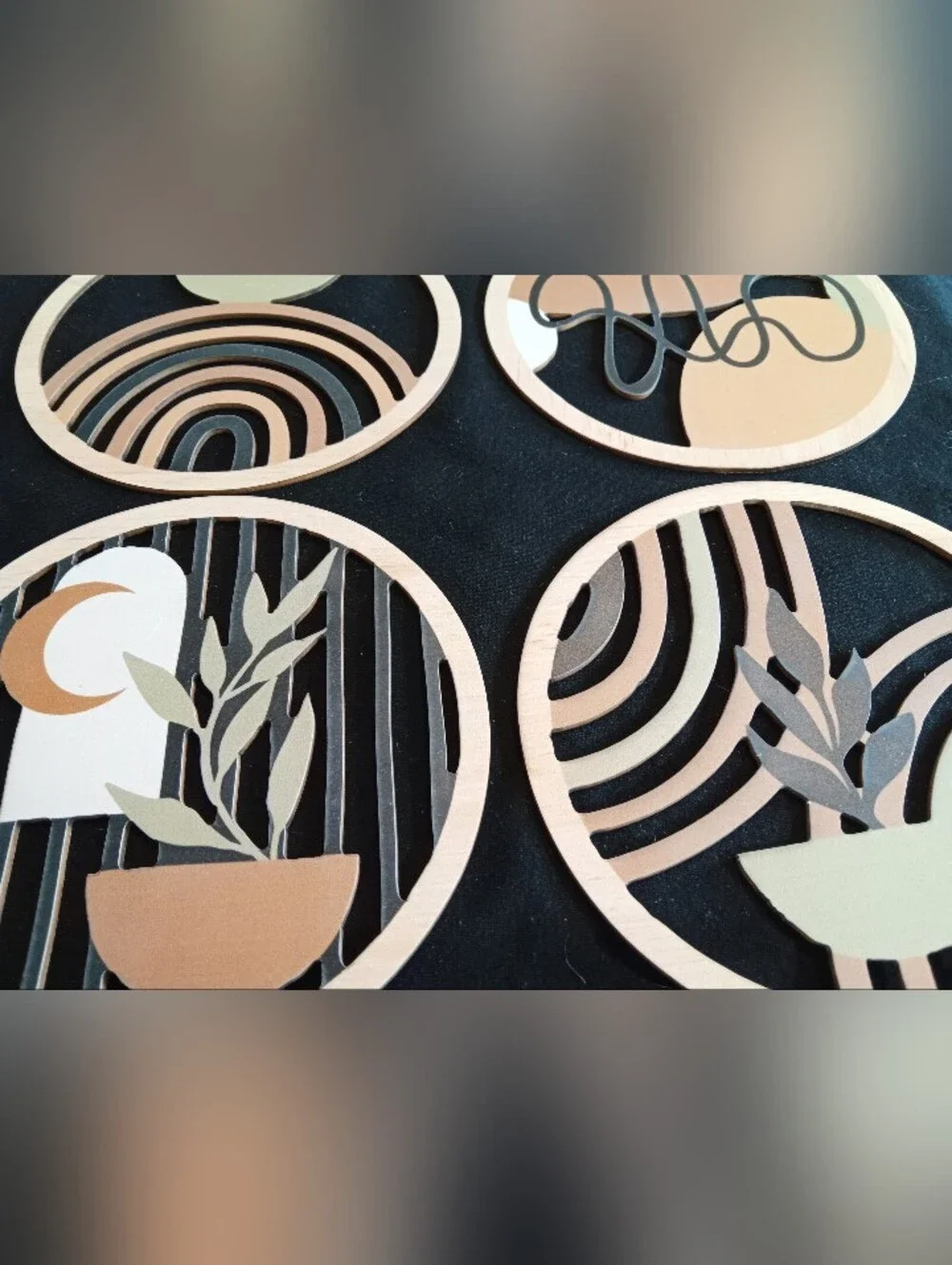 Neutral Geometric Plant Wall Art Set - Modern Round Panels
